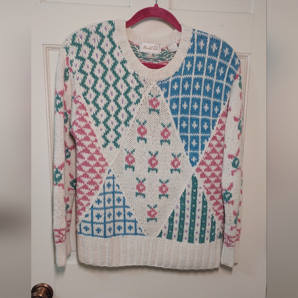 Vintage Marshall Fields Cotton Patchwork Sweater, Size M (runs small)
